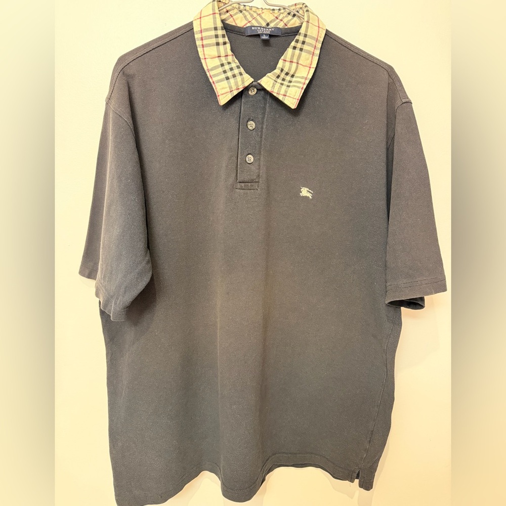 Burberry Black Polo with Signature Beige Check Collar